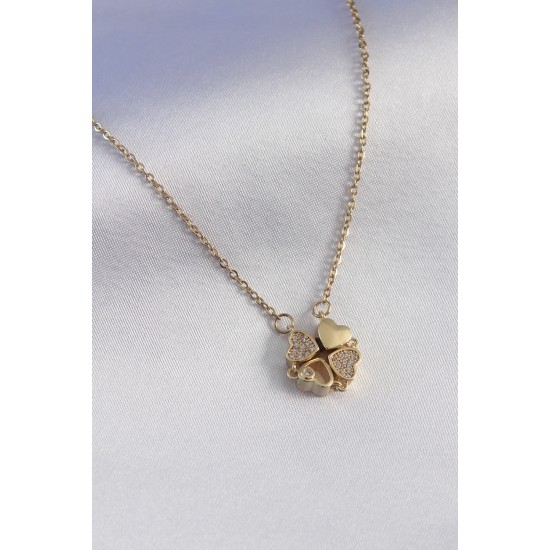 316L Çelik Gold Renk Açılır Yonca Model Zirkon Taşlı Kadın Kolye 316L Çelik Gold Renk Açılır Yonca Model Zirkon Taşlı Kadın Kolye