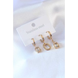 316L Çelik Gold Renk Kare Zirkon Taş Model Kadın Küpe