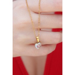 316L Çelik Gold Renk Kristal Kalp Figür Kadın Kolye