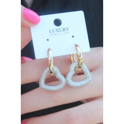 Gold Renk Zirkon Taşlı Halka Kalp Model Pirinç Kadın Küpe