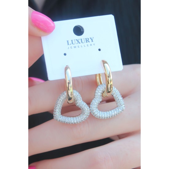 Gold Renk Zirkon Taşlı Halka Kalp Model Pirinç Kadın Küpe Gold Renk Zirkon Taşlı Halka Kalp Model Pirinç Kadın Küpe