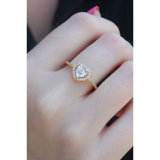 Gold Renk Zirkon Taşlı Kalp Model Charm Pirinç Kadın Yüzük Gold Renk Zirkon Taşlı Kalp Model Charm Pirinç Kadın Yüzük
