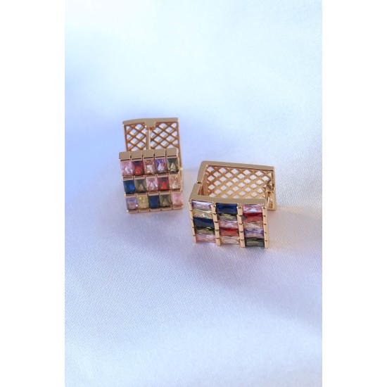 Gold Renk Kare Model Renkli Zirkon Taşlı Pirinç Kadın Küpe Gold Renk Kare Model Renkli Zirkon Taşlı Pirinç Kadın Küpe
