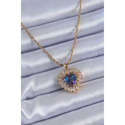 316L Çelik Gold Renk Zirkon Taşlı Kristal Mor Kalp Model Kadın Kolye