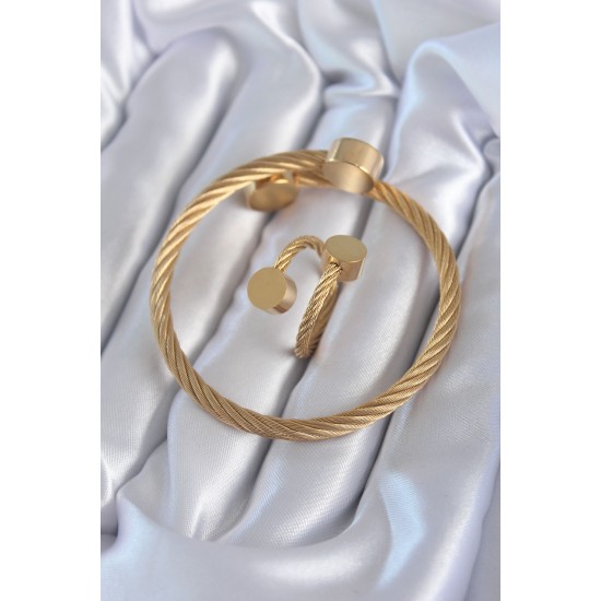 316L Çelik Gold Renk Sarmal Model Erkek Bileklik Yüzük Kombini 316L Çelik Gold Renk Sarmal Model Erkek Bileklik Yüzük Kombini