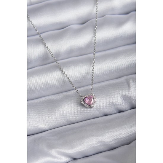 316L Çelik Zincirli Gümüş Renk Pembe Zirkon Taşlı Charm Kadın Kolye 316L Çelik Zincirli Gümüş Renk Pembe Zirkon Taşlı Charm Kadın Kolye