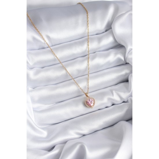 316L Çelik Zincir Gold Renk Pembe Zirkon Taş Kalp Model Charm Kadın Kolye 316L Çelik Zincir Gold Renk Pembe Zirkon Taş Kalp Model Charm Kadın Kolye