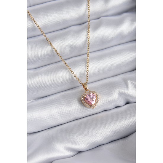 316L Çelik Zincir Gold Renk Pembe Zirkon Taş Kalp Model Charm Kadın Kolye 316L Çelik Zincir Gold Renk Pembe Zirkon Taş Kalp Model Charm Kadın Kolye