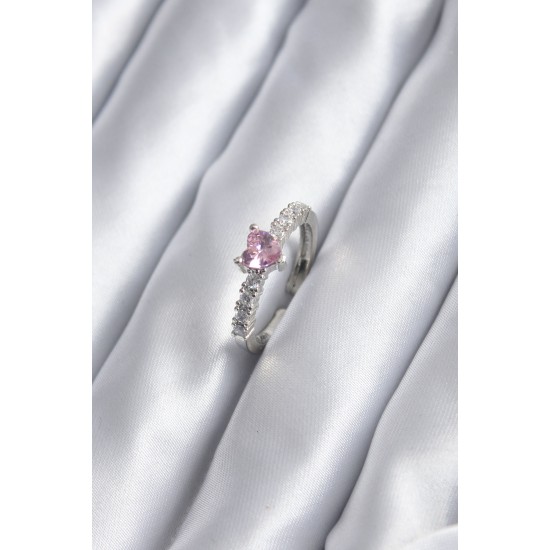 Gümüş Renk Zirkon Taşlı Pembe Kristal Kalp Model Kadın Yüzük Gümüş Renk Zirkon Taşlı Pembe Kristal Kalp Model Kadın Yüzük