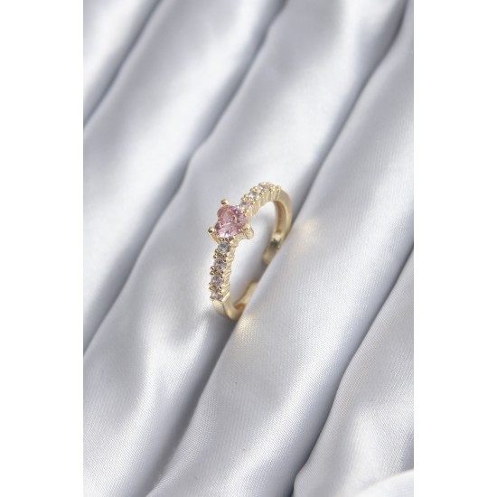Gold Renk Zirkon Taşlı Pembe Kristal Kalp Model Kadın Yüzük Gold Renk Zirkon Taşlı Pembe Kristal Kalp Model Kadın Yüzük