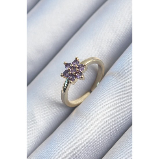 Pirinç Gold Renk Mor Zirkon Taşlı Lotus Model Kadın Yüzük Pirinç Gold Renk Mor Zirkon Taşlı Lotus Model Kadın Yüzük