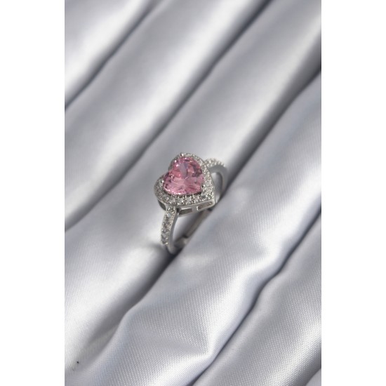 Gümüş Renk Pembe Zirkon Taşlı Charm Kalp Model Kadın Yüzük Gümüş Renk Pembe Zirkon Taşlı Charm Kalp Model Kadın Yüzük