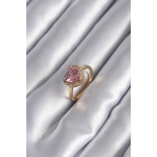 Pirinç Gold Renk Pembe Zirkon Taş Kalp Charm Model Kadın Yüzük Pirinç Gold Renk Pembe Zirkon Taş Kalp Charm Model Kadın Yüzük