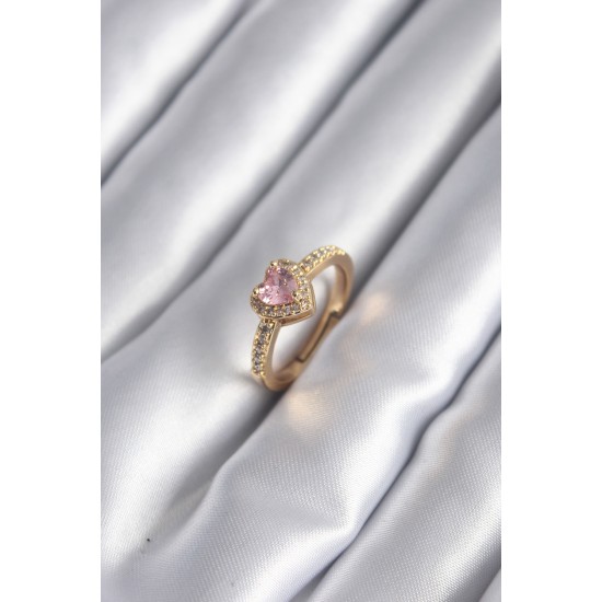 Pirinç Gold Renk Pembe Zirkon Taş Kalp Charm Model Kadın Yüzük Pirinç Gold Renk Pembe Zirkon Taş Kalp Charm Model Kadın Yüzük
