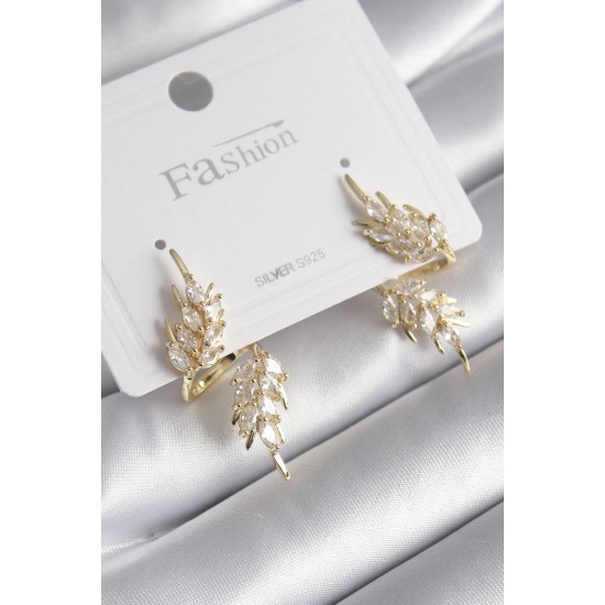 Pirinç Gold Renk Zirkon Taşlı Yaprak Model Kadın Küpe Pirinç Gold Renk Zirkon Taşlı Yaprak Model Kadın Küpe