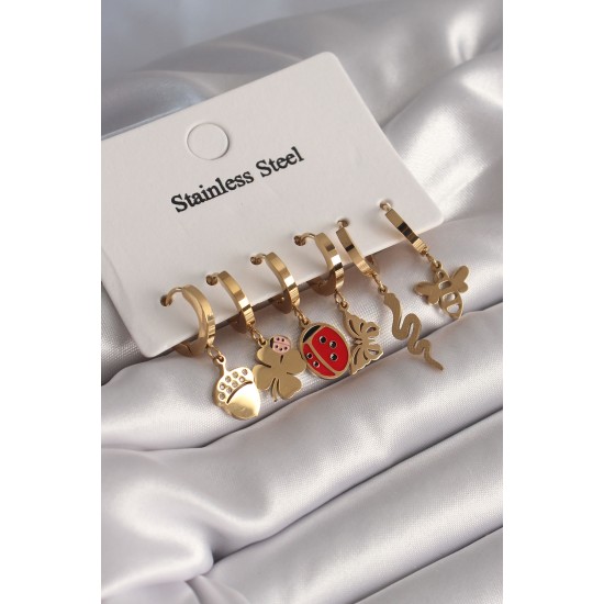 316L Çelik Gold Renk Çoklu Figür Model Kadın Küpe Seti 316L Çelik Gold Renk Çoklu Figür Model Kadın Küpe Seti