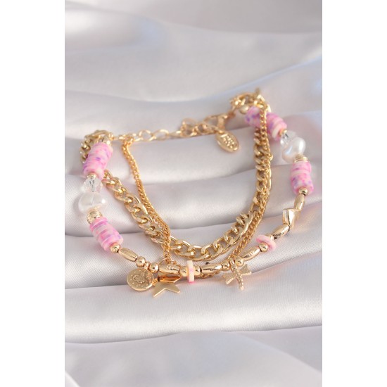 Pirinç Gold Renk Pembe Boncuklu Yıldız Figür Çoklu Kadın Bileklik Pirinç Gold Renk Pembe Boncuklu Yıldız Figür Çoklu Kadın Bileklik