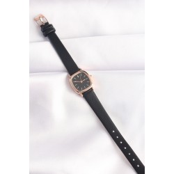 Siyah Renk Deri Kordonlu Rose Metal Kasa Kadın Saat