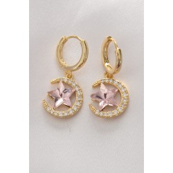 Pirinç Gold Renk Pembe Zirkon Taşlı Yıldız Detay Ay Küpe