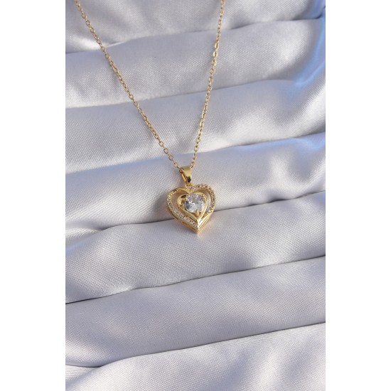 316L Çelik Zincir Gold Renk Zirkon Taşlı Kalp Kolye 316L Çelik Zincir Gold Renk Zirkon Taşlı Kalp Kolye