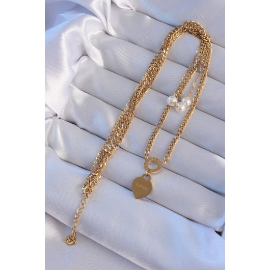 316L Çelik Gold Renk Çift Zincir İnci Detayı Love Kalp Kolye 316L Çelik Gold Renk Çift Zincir İnci Detayı Love Kalp Kolye