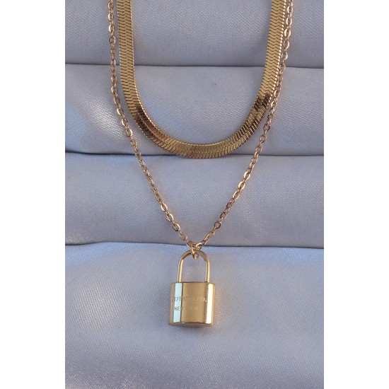 316L Çelik Gold Renk Çift Zincir Kilit Model Kolye 316L Çelik Gold Renk Çift Zincir Kilit Model Kolye