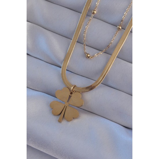 316L Çelik Gold Renk Çift Zincir Yonca Model Kolye 316L Çelik Gold Renk Çift Zincir Yonca Model Kolye