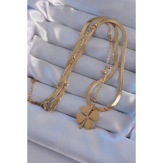 316L Çelik Gold Renk Çift Zincir Yonca Model Kolye 316L Çelik Gold Renk Çift Zincir Yonca Model Kolye