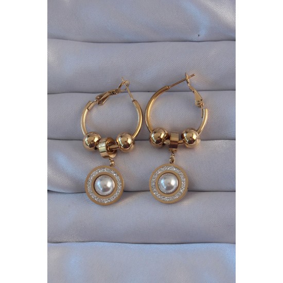 316L Çelik Gold Renk Zirkon ve İnci Taşlı Cartier Model Halka Küpe 316L Çelik Gold Renk Zirkon ve İnci Taşlı Cartier Model Halka Küpe