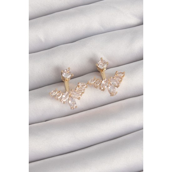 Pirinç Gold Renk Zirkon Taşlı V Model Küpe Pirinç Gold Renk Zirkon Taşlı V Model Küpe