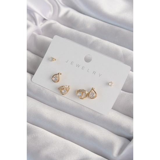 Pirinç Gold Renk Zirkon Taşlı Damla Model Küpe Seti Pirinç Gold Renk Zirkon Taşlı Damla Model Küpe Seti
