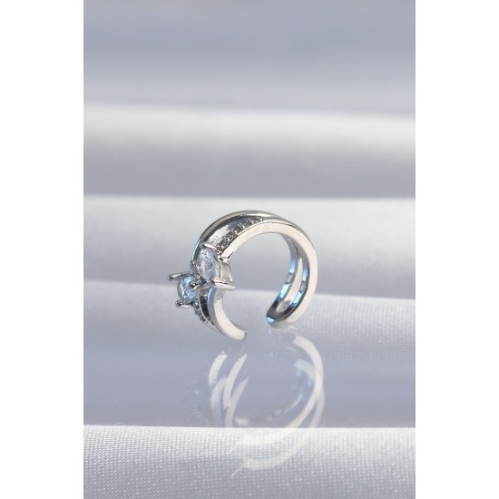 Pirinç Gümüş Renk Zirkon Taşlı Damla Earcuff Küpe Pirinç Gümüş Renk Zirkon Taşlı Damla Earcuff Küpe