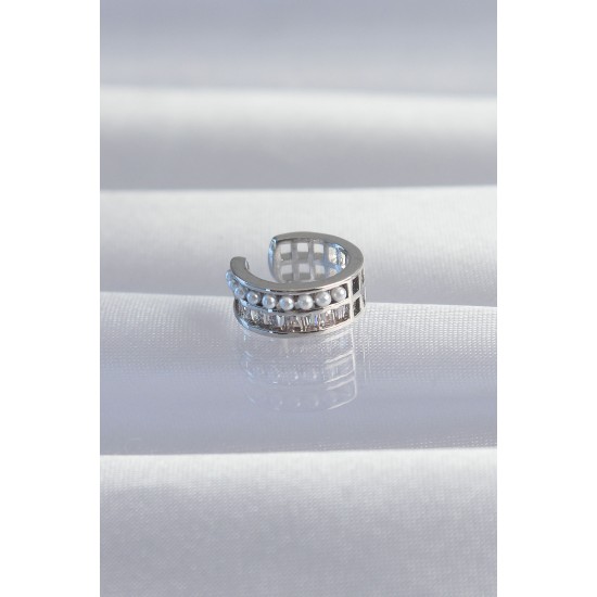 Pirinç Gümüş Renk İncili Baget Taşlı Earcuff Küpe Pirinç Gümüş Renk İncili Baget Taşlı Earcuff Küpe