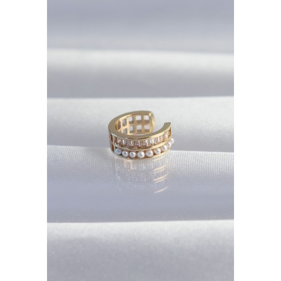 Pirinç Gold Renk İncili Baget Taşlı Earcuff Küpe Pirinç Gold Renk İncili Baget Taşlı Earcuff Küpe