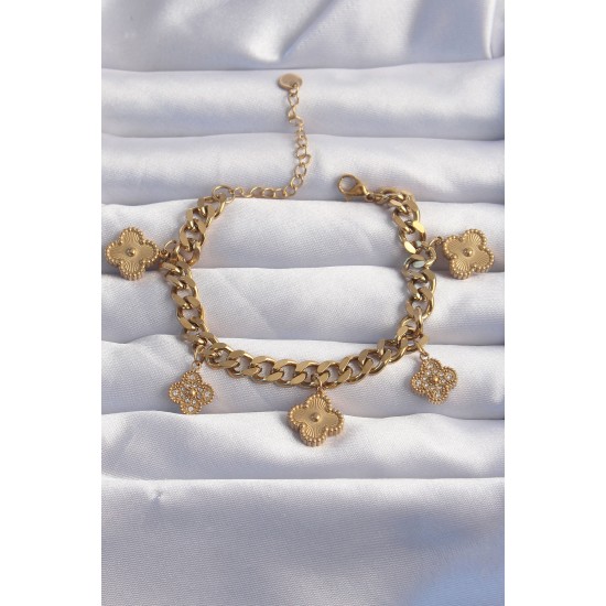 316L Çelik Gold Renk Zirkon Taşlı Yonca Model Bileklik 316L Çelik Gold Renk Zirkon Taşlı Yonca Model Bileklik