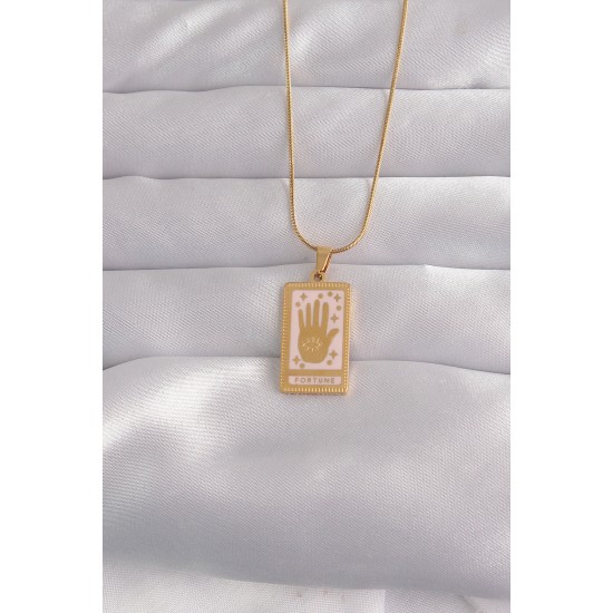 316L Çelik Gold Renk Pembe Mineli El Figür Tarot Kolye 316L Çelik Gold Renk Pembe Mineli El Figür Tarot Kolye