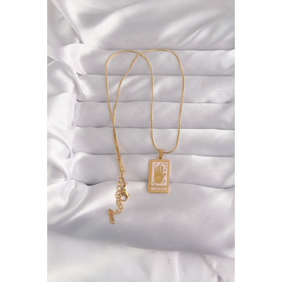 316L Çelik Gold Renk Pembe Mineli El Figür Tarot Kolye 316L Çelik Gold Renk Pembe Mineli El Figür Tarot Kolye