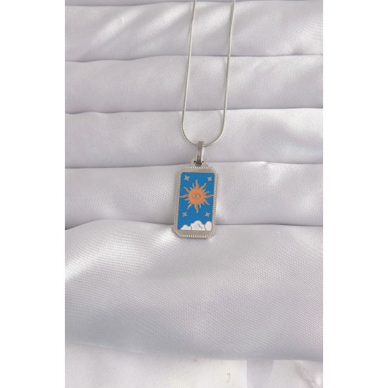 316L Çelik Gümüş Renk Mavi Mineli Güneş Model Tarot Kolye 316L Çelik Gümüş Renk Mavi Mineli Güneş Model Tarot Kolye