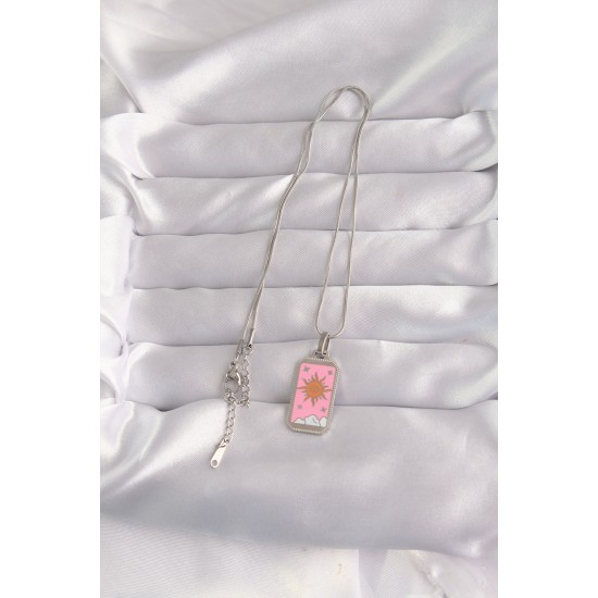 316L Çelik Gümüş Renk Pembe Mineli Güneş Model Tarot Kolye 316L Çelik Gümüş Renk Pembe Mineli Güneş Model Tarot Kolye