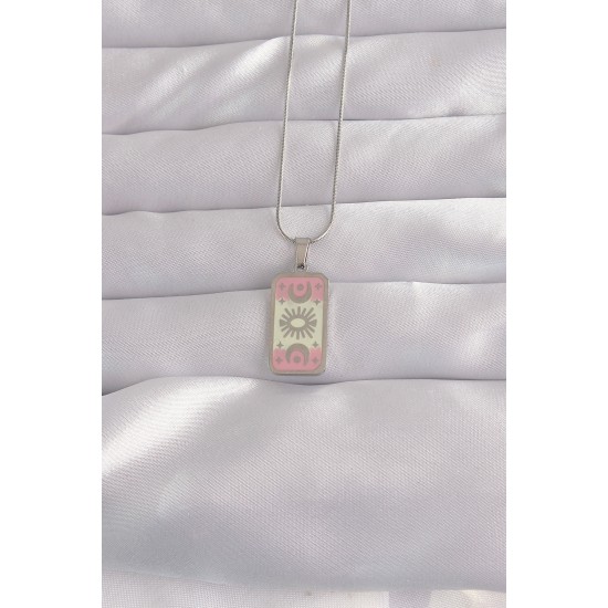 316L Çelik Gümüş Renk Pembe Mineli Ay Figür Tarot Kolye 316L Çelik Gümüş Renk Pembe Mineli Ay Figür Tarot Kolye