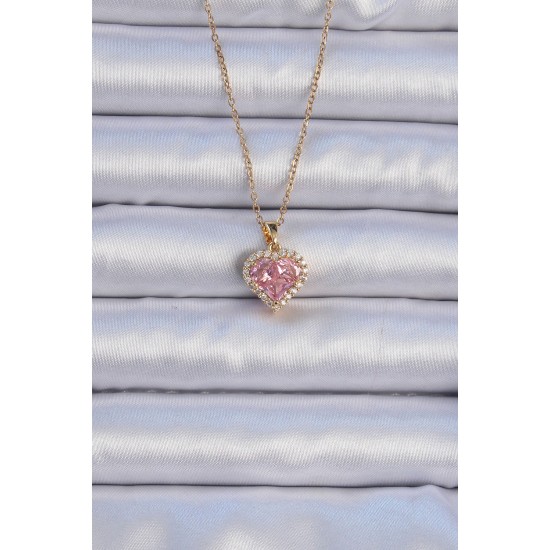316L Çelik Zincir Altın Renk Pembe Zirkon Taşlı Kalp Kolye 316L Çelik Zincir Altın Renk Pembe Zirkon Taşlı Kalp Kolye