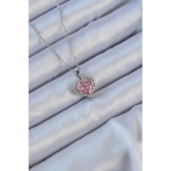 316L Çelik Zincir Gümüş Renk Pembe Zirkon Taşlı Kalp Kolye 316L Çelik Zincir Gümüş Renk Pembe Zirkon Taşlı Kalp Kolye