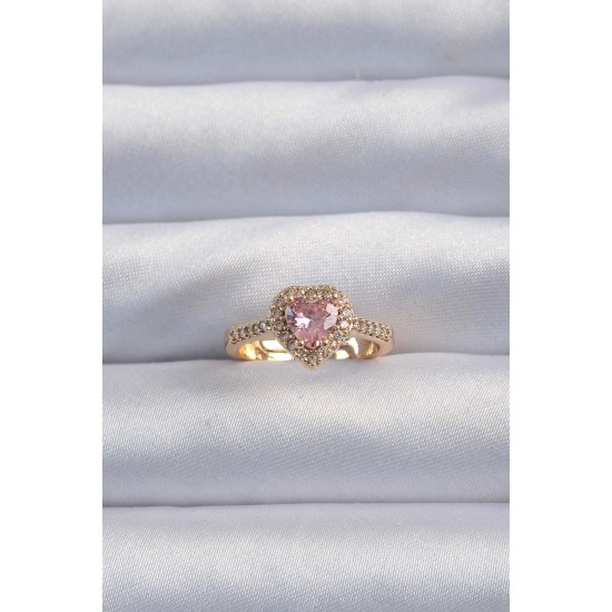 Pirinç Altın Renk Pembe Zirkon Taşlı Charm Model Ayarlanabilir Yüzük Pirinç Altın Renk Pembe Zirkon Taşlı Charm Model Ayarlanabilir Yüzük