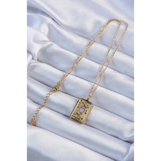 316L Çelik Zincir Eskitme Altın Renk Pembe Mineli Kalp Figürlü Tarot Kolye 316L Çelik Zincir Eskitme Altın Renk Pembe Mineli Kalp Figürlü Tarot Kolye