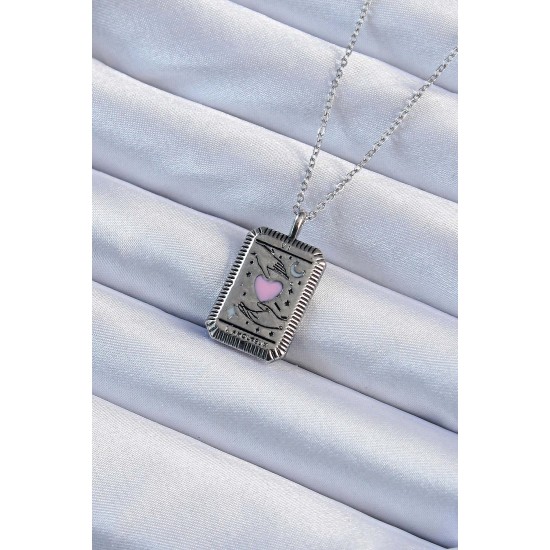 316L Çelik Zincir Eskitme Gümüş Renk Pembe Mineli Kalp Figürlü Tarot Kolye 316L Çelik Zincir Eskitme Gümüş Renk Pembe Mineli Kalp Figürlü Tarot Kolye
