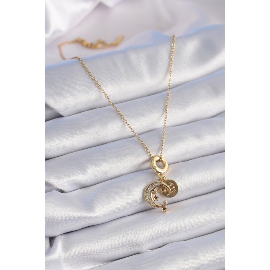 316L Çelik Gold Renk Zirkon Taşlı Ay Yıldız Model Charm Model Kadın Kolye 316L Çelik Gold Renk Zirkon Taşlı Ay Yıldız Model Charm Model Kadın Kolye