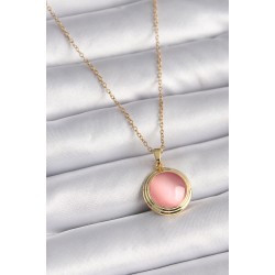 316L Çelik Gold Renk Pembe Sedefli Daire Model Kadın Kolye