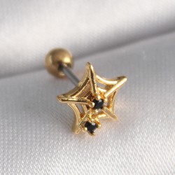 316L Çelik Gold Renk Siyah Zirkon Taş Detay Örümcek Ağ Model Tragus Piercing