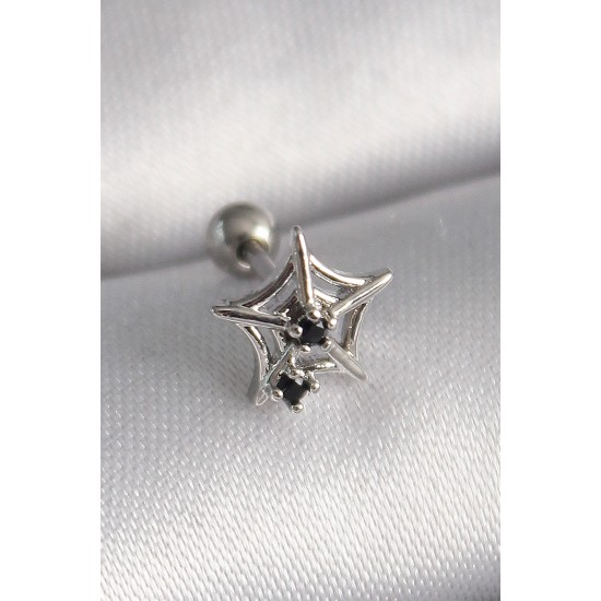 316L Çelik Gümüş Renk Siyah Zirkon Taş Detay Örümcek Ağ Model Tragus Piercing 316L Çelik Gümüş Renk Siyah Zirkon Taş Detay Örümcek Ağ Model Tragus Piercing