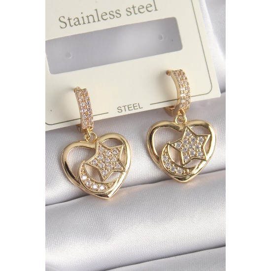 Pirinç Gold Renk Zirkon Taşlı Kalp Model Ay Yıldız İşleme Kadın Küpe Pirinç Gold Renk Zirkon Taşlı Kalp Model Ay Yıldız İşleme Kadın Küpe
